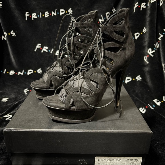 Saint Laurent Black KID Scamosciato Lace-Up Platform Heels - Picture 6 of 12